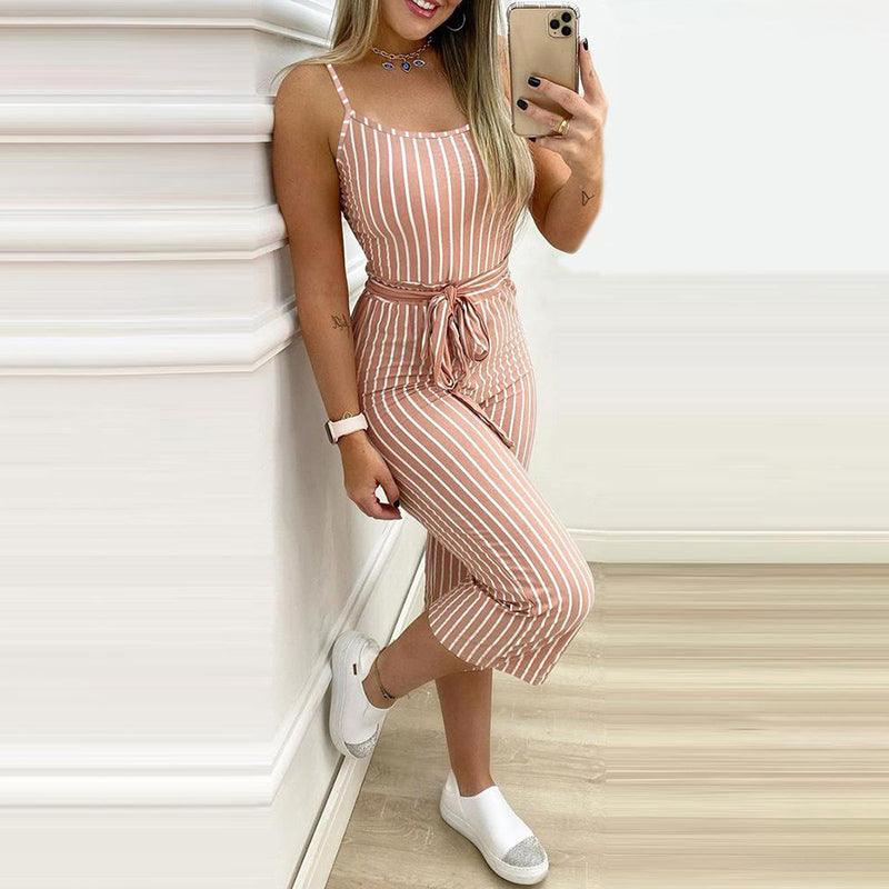 Women'S Stand-Alone Stand New Striped Sling One-Piece Trousers Belt Without Positioning Printing - Nioor