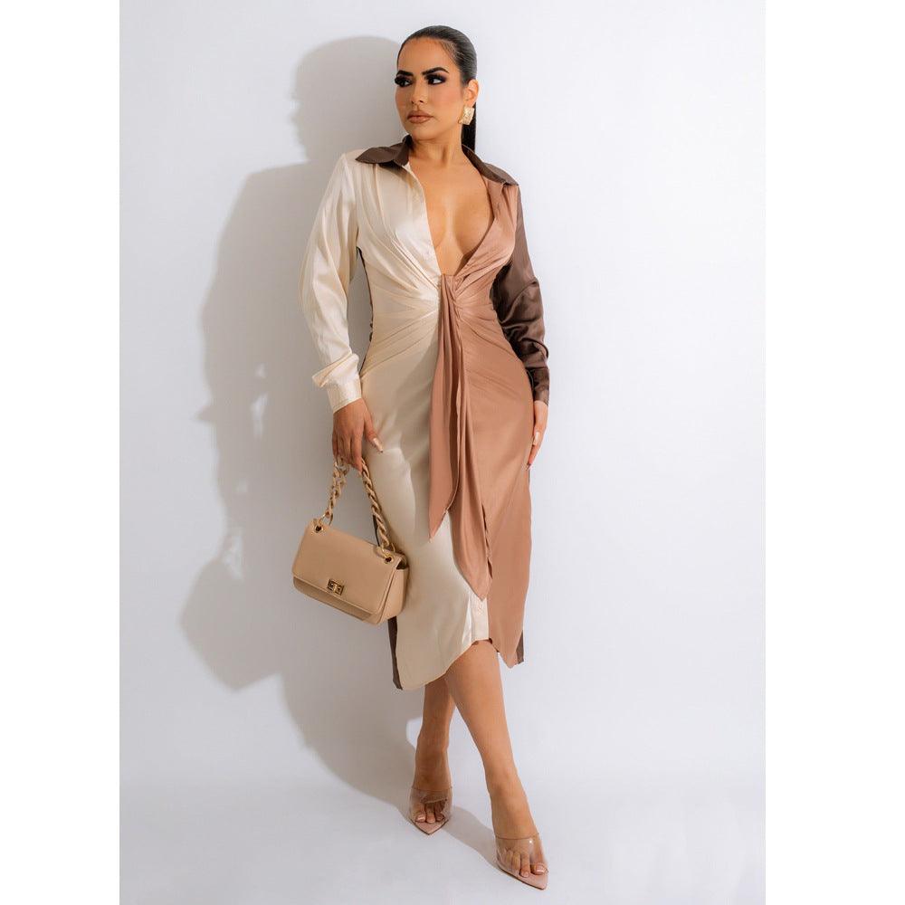 Women's Stitching Strap V-neck Long-sleeve Dress - Nioor