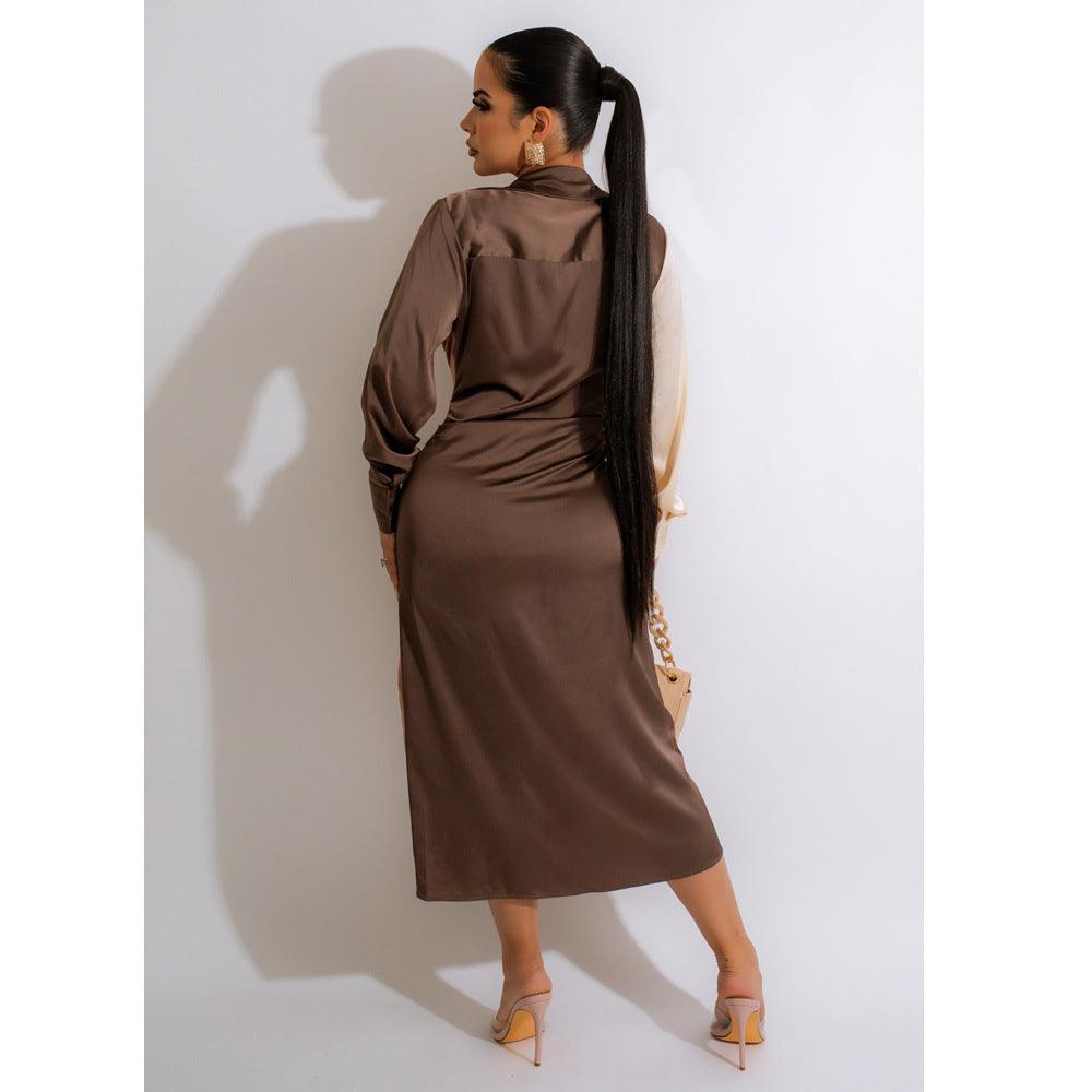 Women's Stitching Strap V-neck Long-sleeve Dress - Nioor