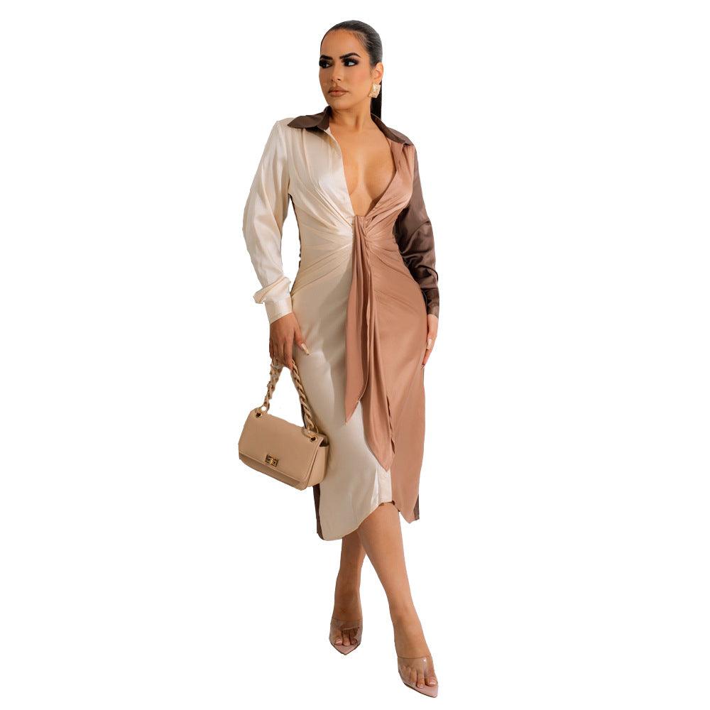 Women's Stitching Strap V-neck Long-sleeve Dress - Nioor