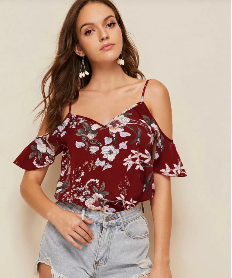 Women's Strapless Halter Chiffon Print Tank Top Loose With Sleeves Blouse Small Shirt - Nioor