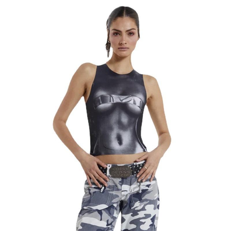 Women's Street Fashion Printed Sleeveless Midriff-baring Small Vest Women - Nioor