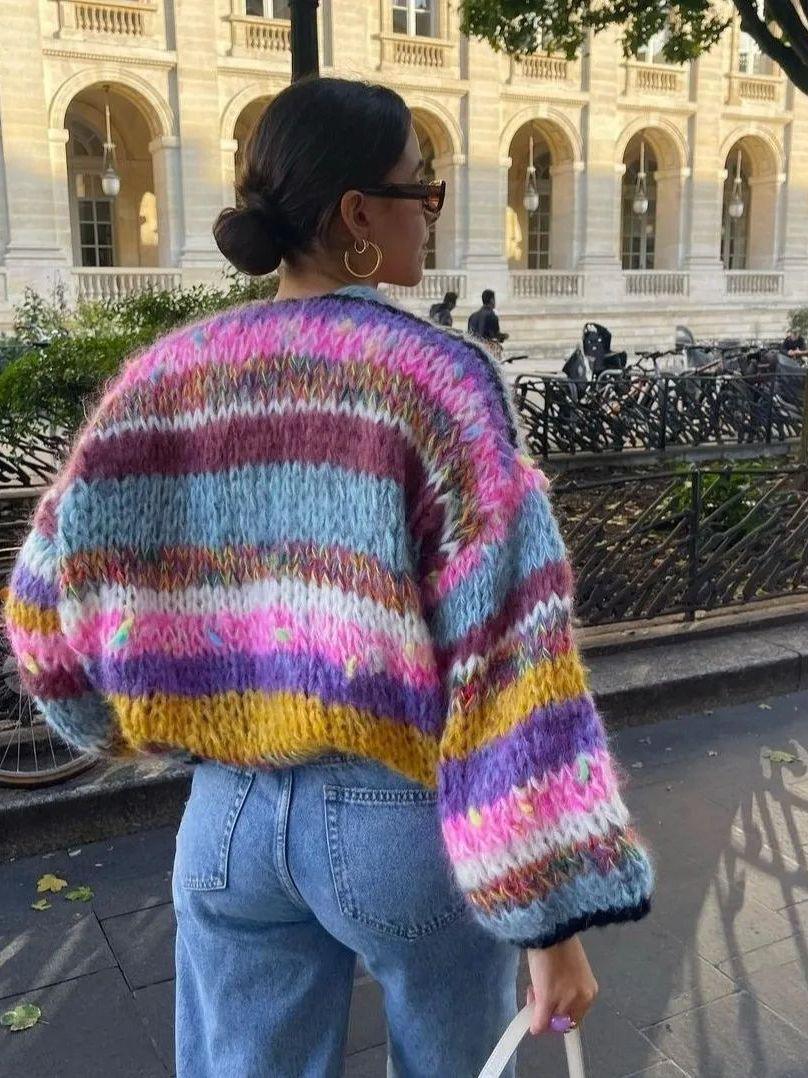 Women's Striped Long Sleeve Rainbow Plaid Cardigan Sweater - Nioor