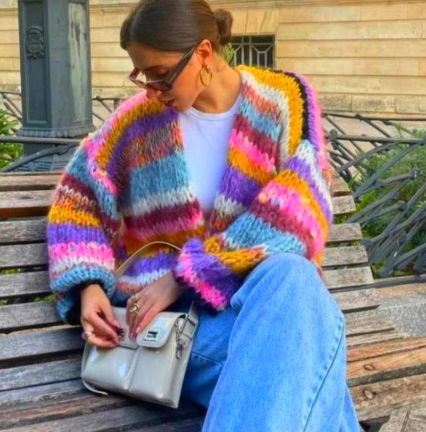 Women's Striped Long Sleeve Rainbow Plaid Cardigan Sweater - Nioor