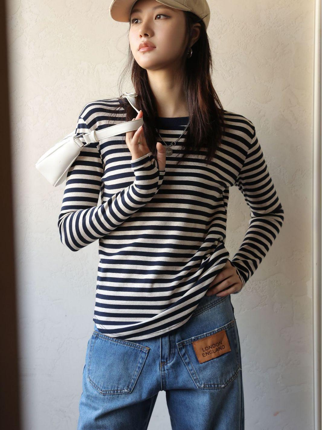 Women's Striped T-shirt Long Sleeve Bottoming Shirt - Nioor