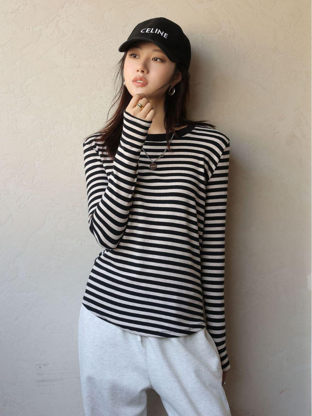 Women's Striped T-shirt Long Sleeve Bottoming Shirt - Nioor