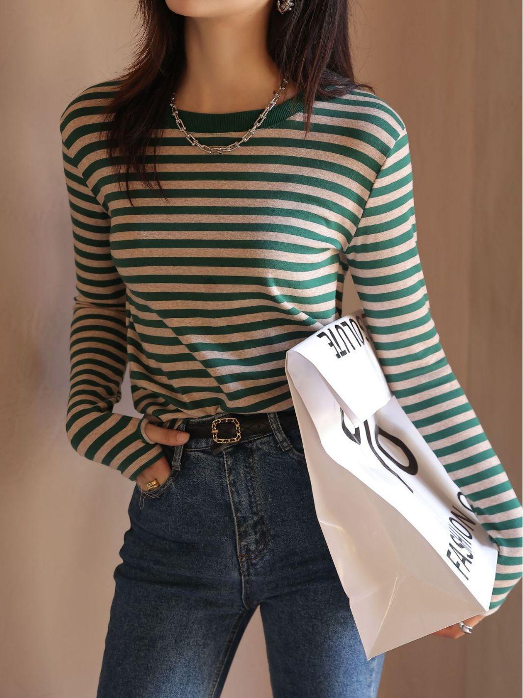 Women's Striped T-shirt Long Sleeve Bottoming Shirt - Nioor