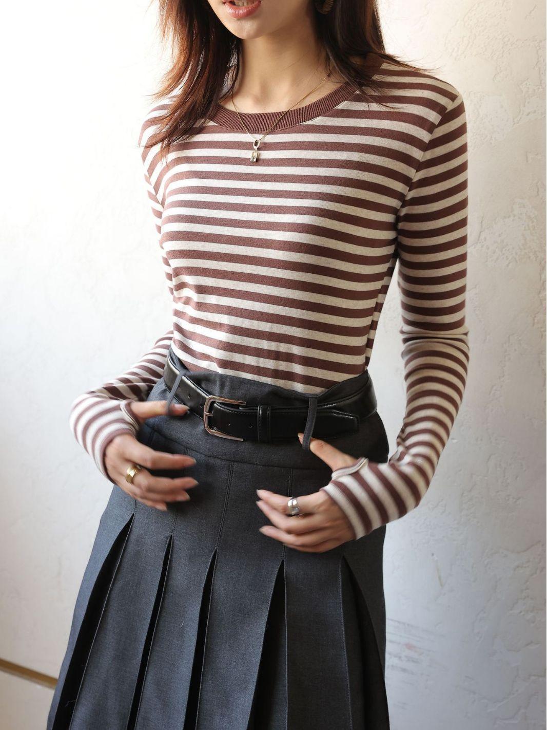 Women's Striped T-shirt Long Sleeve Bottoming Shirt - Nioor