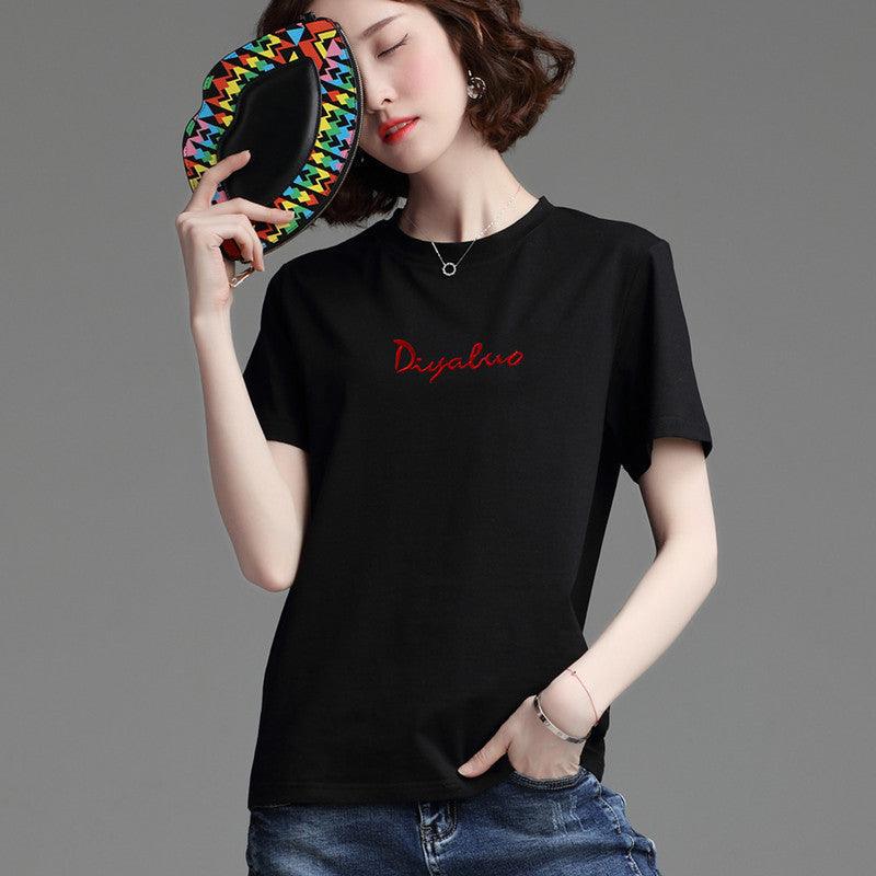 Women's Stylish Loose Round Neck Short Sleeve T-shirt Top - Nioor