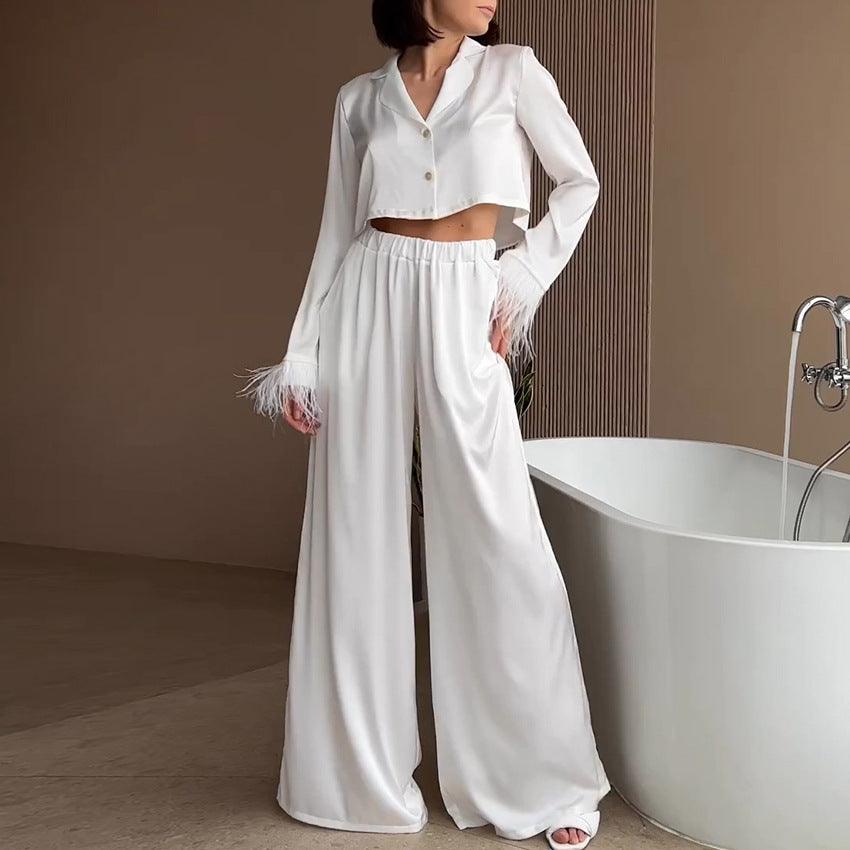 Women's Stylish Temperament Long Sleeves Shirt High Waist Wide Leg Pants Suit - Nioor