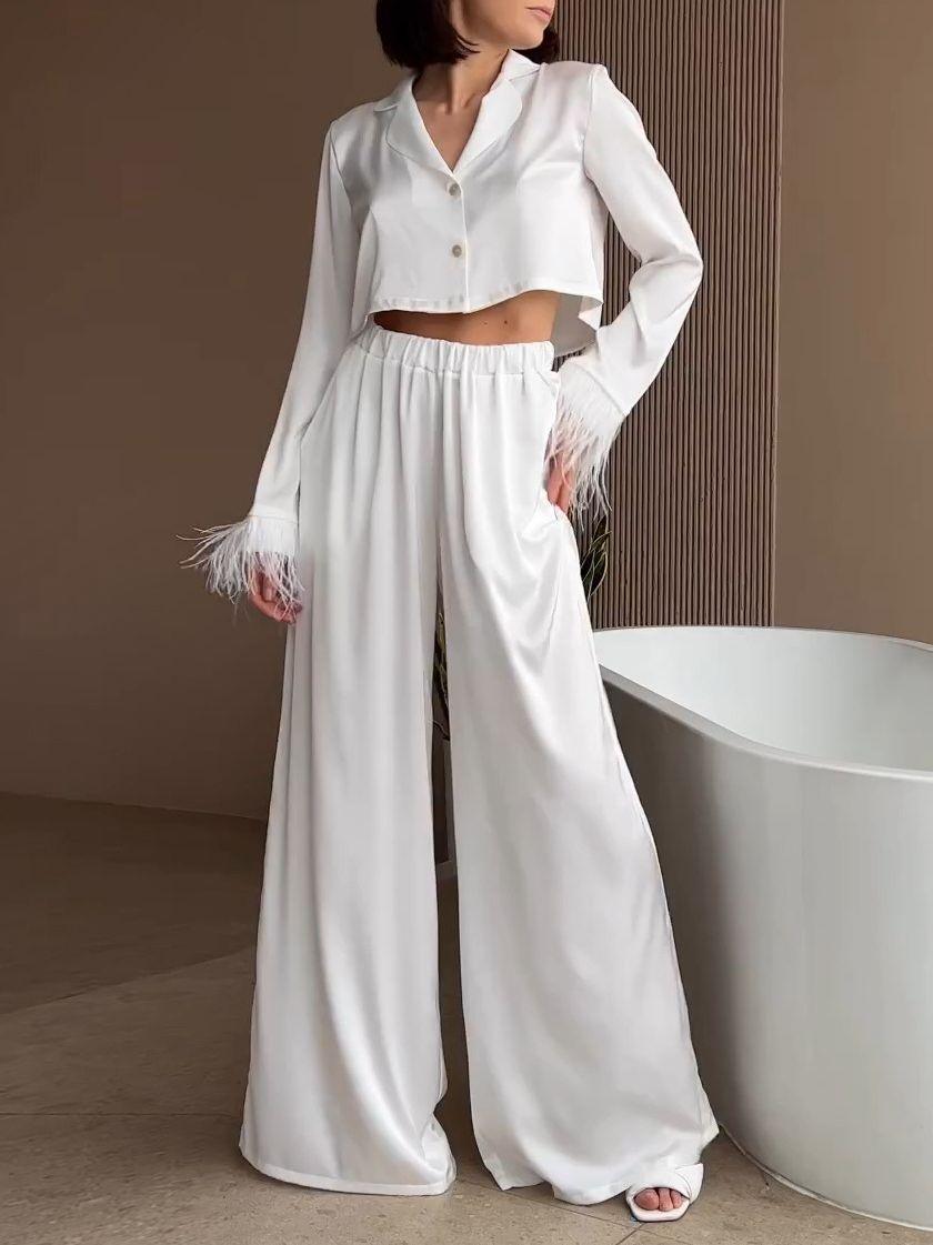 Women's Stylish Temperament Long Sleeves Shirt High Waist Wide Leg Pants Suit - Nioor