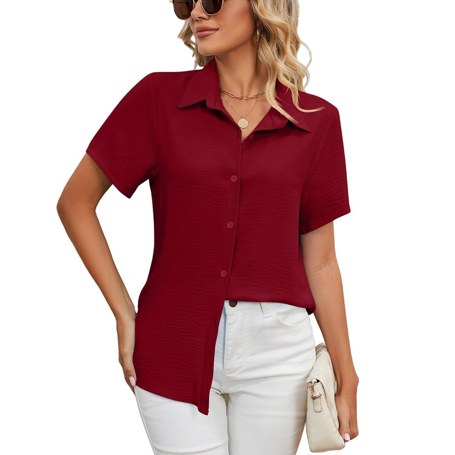 Women's Summer Anti-wrinkle V-neck Casual Loose Solid Color Shirt Top - Nioor