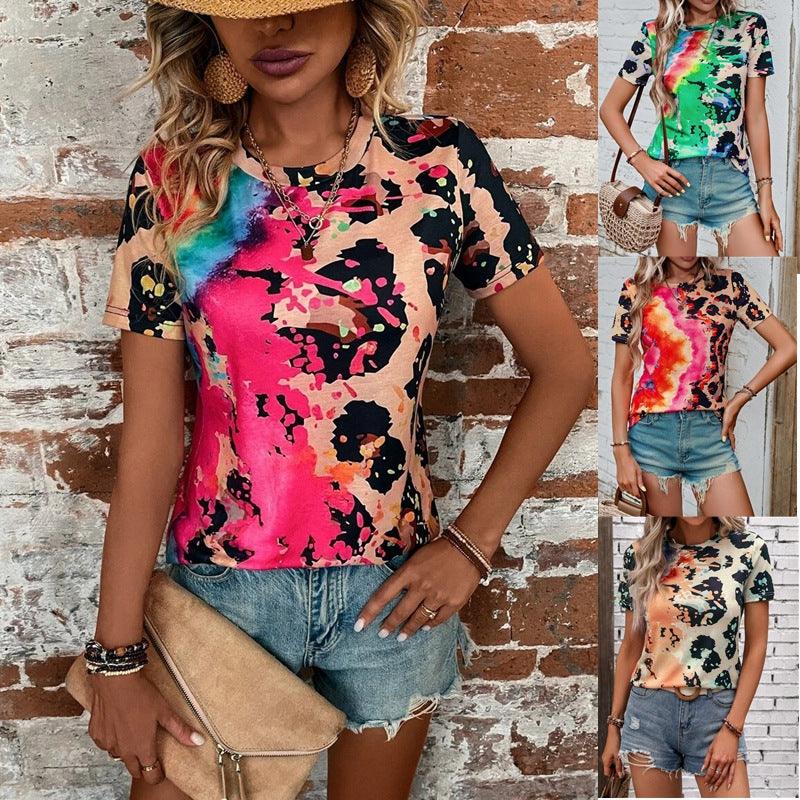 Women's Summer Fashion Painted Short-sleeved Slim T-shirt - Nioor