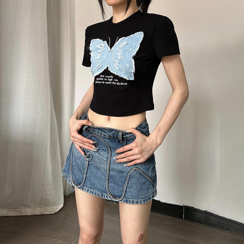 Women's Summer Hot Girl Cropped Printed Top Butterfly Embroidered T-shirt - Nioor