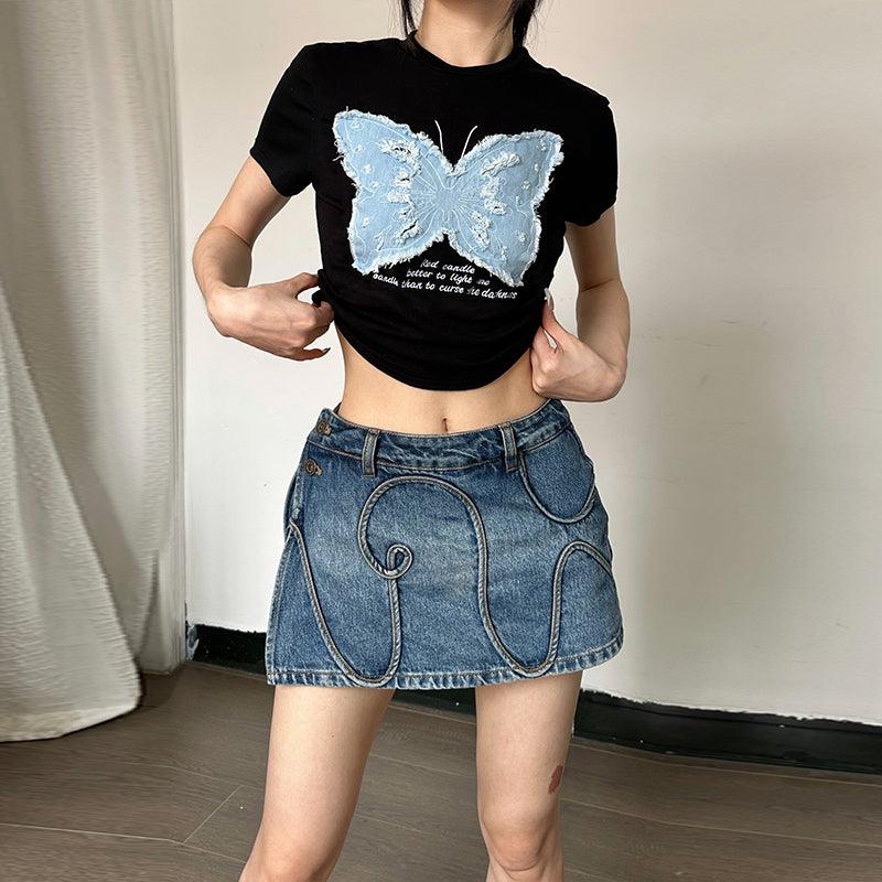 Women's Summer Hot Girl Cropped Printed Top Butterfly Embroidered T-shirt - Nioor