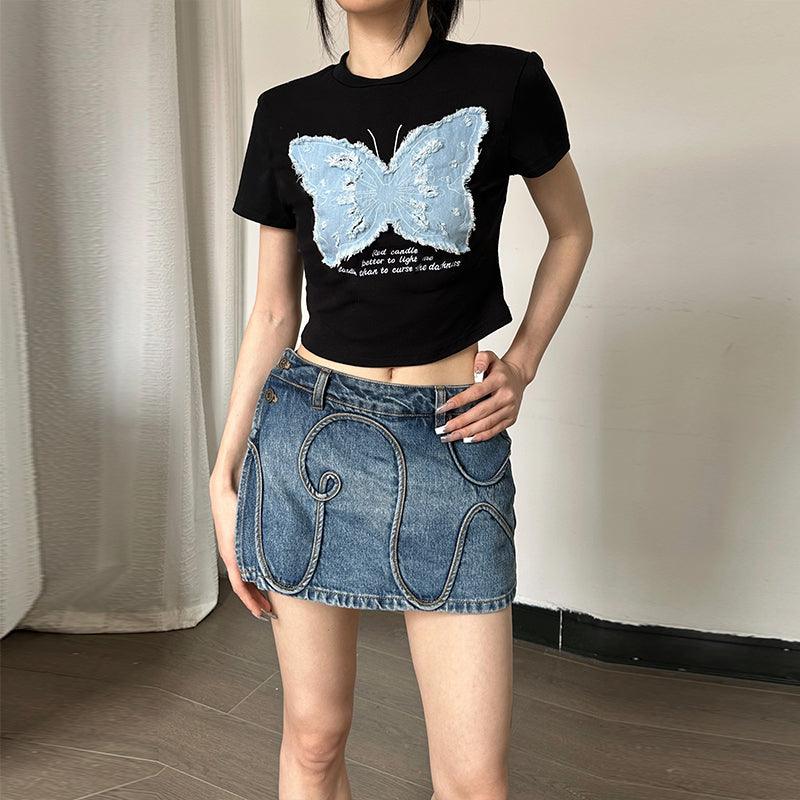 Women's Summer Hot Girl Cropped Printed Top Butterfly Embroidered T-shirt - Nioor