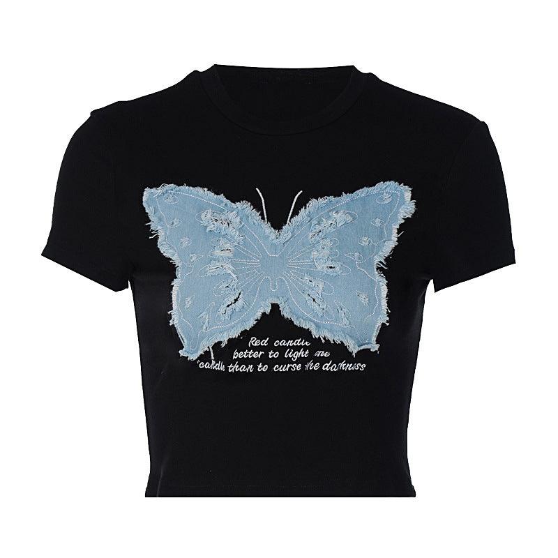 Women's Summer Hot Girl Cropped Printed Top Butterfly Embroidered T-shirt - Nioor