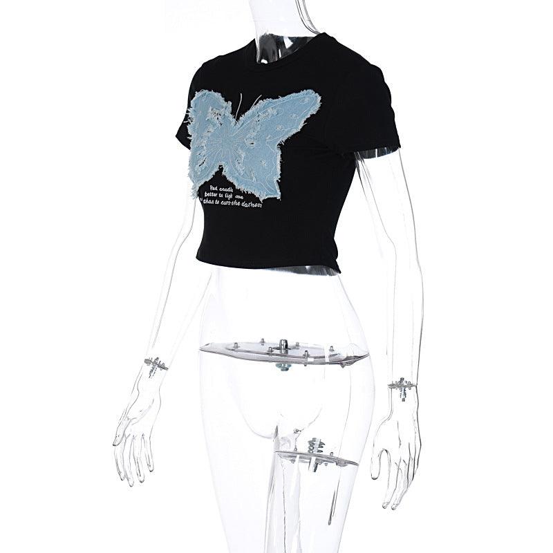 Women's Summer Hot Girl Cropped Printed Top Butterfly Embroidered T-shirt - Nioor