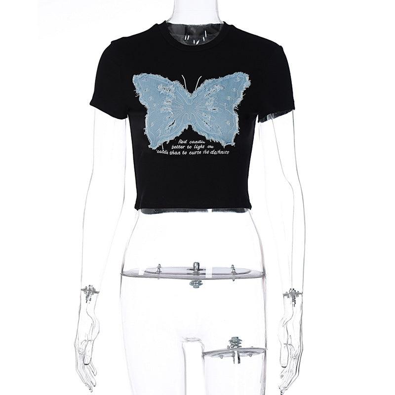 Women's Summer Hot Girl Cropped Printed Top Butterfly Embroidered T-shirt - Nioor