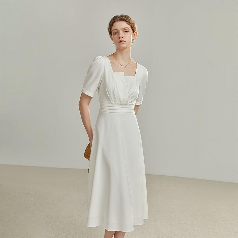 Women's Summer Temperament Pure Color Puff Sleeve Dress - Nioor