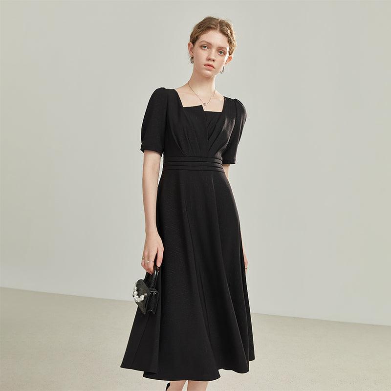 Women's Summer Temperament Pure Color Puff Sleeve Dress - Nioor