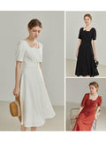 Women's Summer Temperament Pure Color Puff Sleeve Dress - Nioor