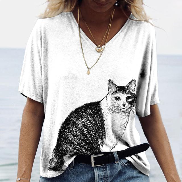 Women's T-Shirt D Cat Print V Neck Short Sleeve - Nioor