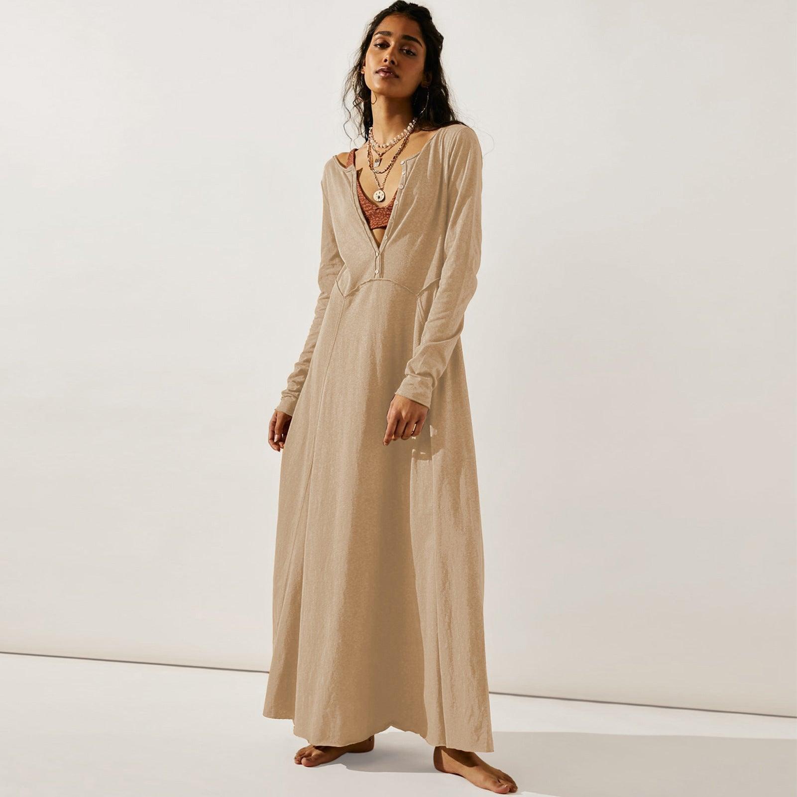 Women's Temperament Pure Color Long Sleeve Dress - Nioor