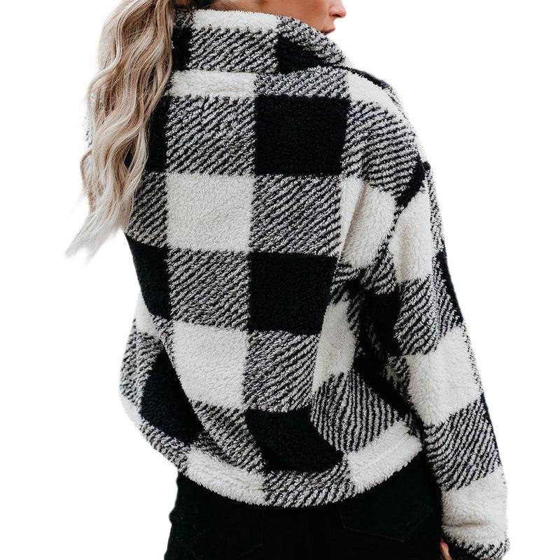 Women's Thickened Stand Collar Sweatshirt Women's Zipper Plaid - Nioor