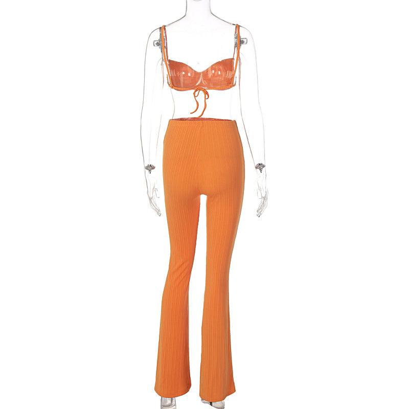 Women's Tie Wrap Flared Pants Solid Color Set - Nioor