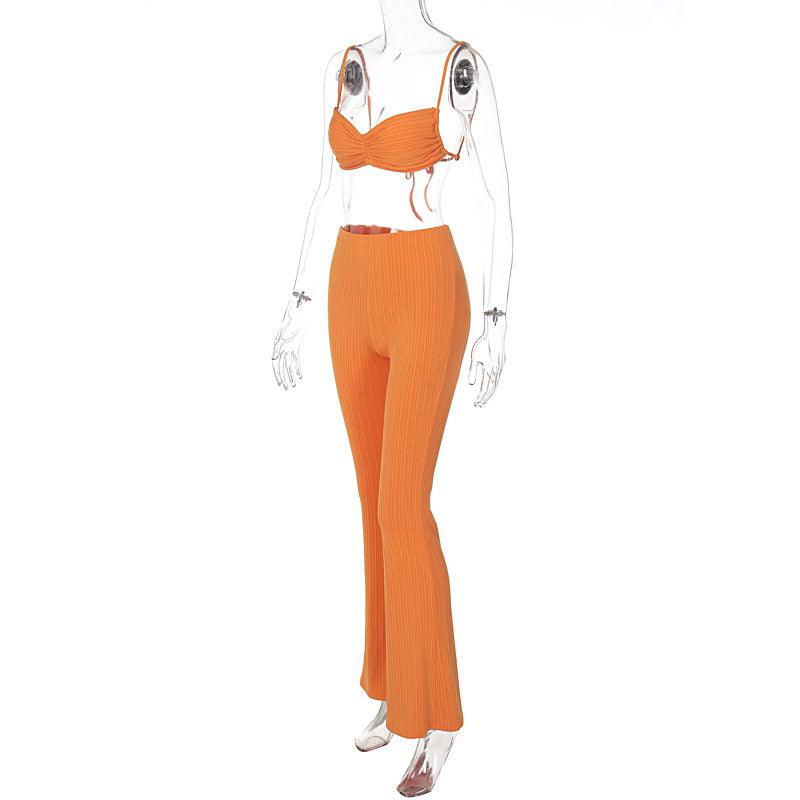 Women's Tie Wrap Flared Pants Solid Color Set - Nioor