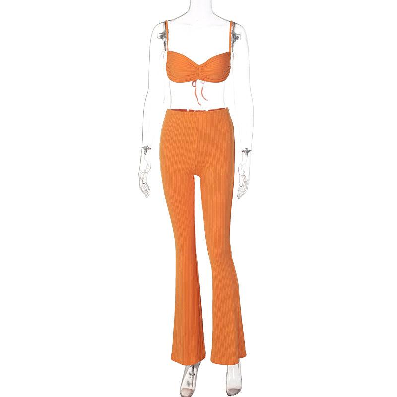 Women's Tie Wrap Flared Pants Solid Color Set - Nioor