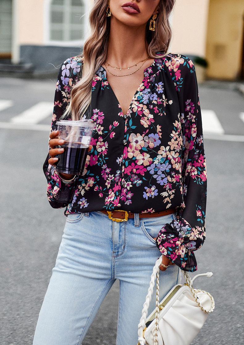 Women's Tops Casual Floral Print V Neck Long Sleeve Shirts Loose Chiffon Blouses Shirts Tops - Nioor