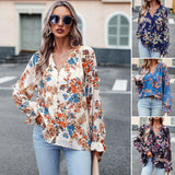 Women's Tops Casual Floral Print V Neck Long Sleeve Shirts Loose Chiffon Blouses Shirts Tops - Nioor