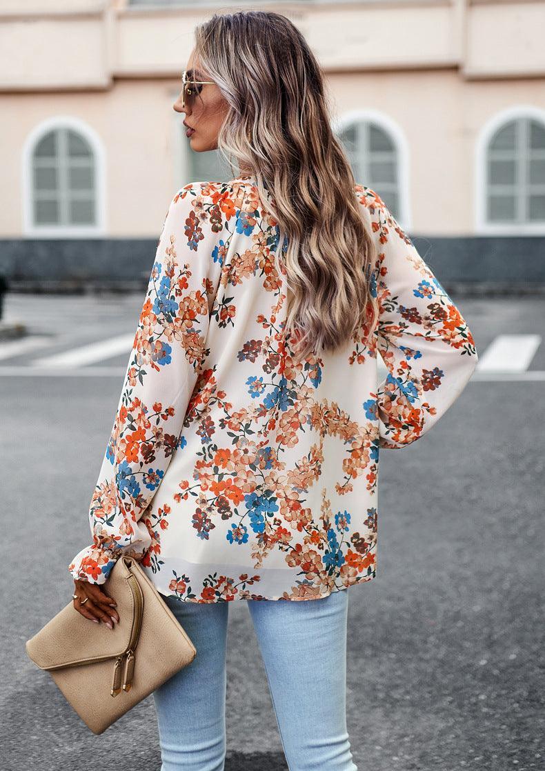 Women's Tops Casual Floral Print V Neck Long Sleeve Shirts Loose Chiffon Blouses Shirts Tops - Nioor