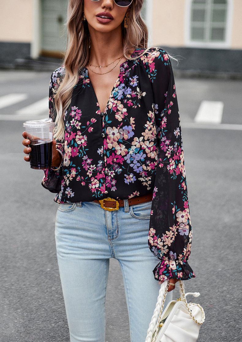 Women's Tops Casual Floral Print V Neck Long Sleeve Shirts Loose Chiffon Blouses Shirts Tops - Nioor