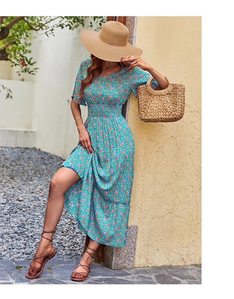 Women's V-neck Beach Lace Printing Dress - Nioor