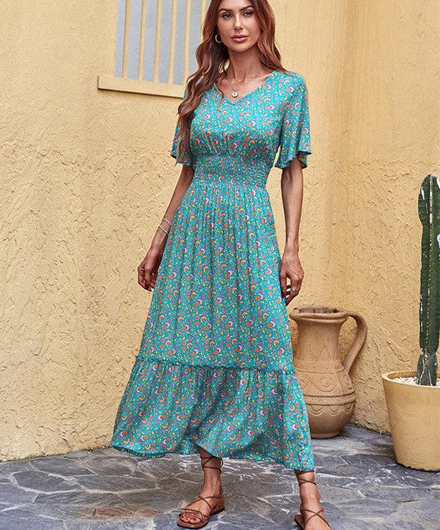 Women's V-neck Beach Lace Printing Dress - Nioor