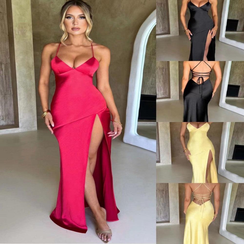 Women's V-neck Brace Satin Split Backless Long Dress - Nioor