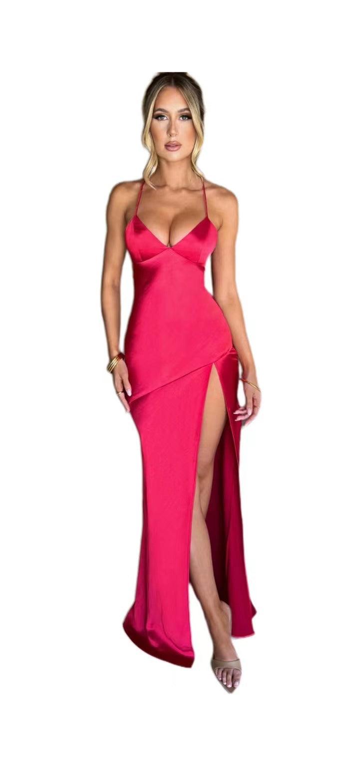 Women's V-neck Brace Satin Split Backless Long Dress - Nioor