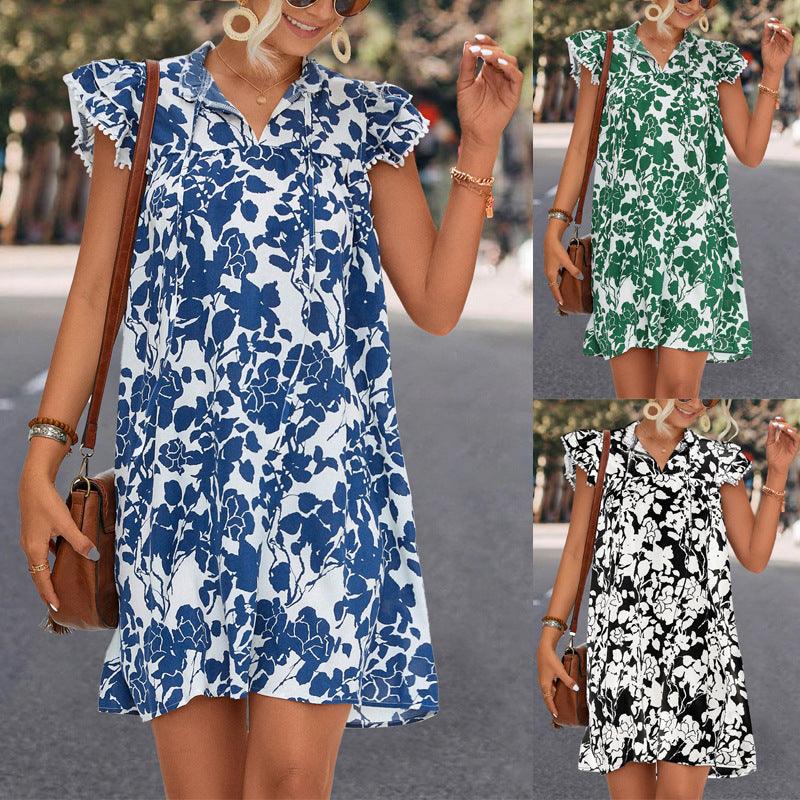 Women's V-neck Lace Up Ruffle Sleeve Printed Dress - Nioor