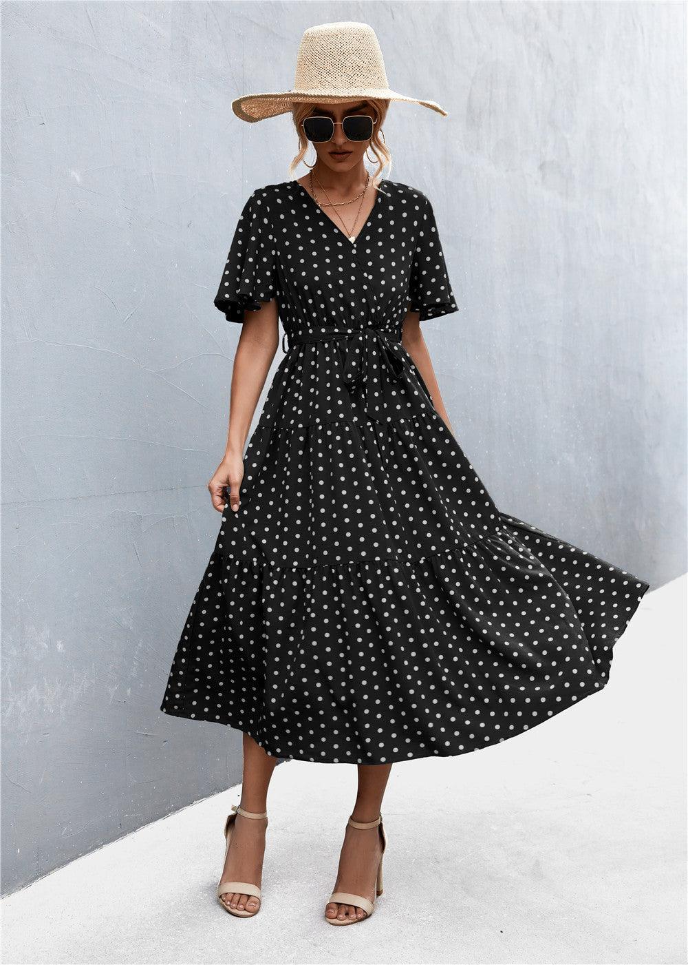 Women's V-neck Polka Dot Floral Tied Dress - Nioor