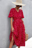 Women's V-neck Polka Dot Floral Tied Dress - Nioor