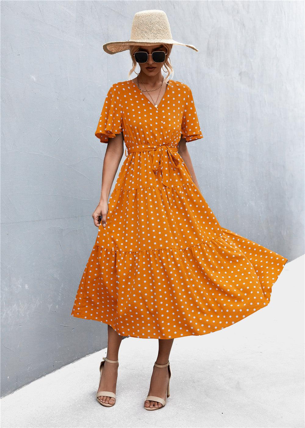 Women's V-neck Polka Dot Floral Tied Dress - Nioor