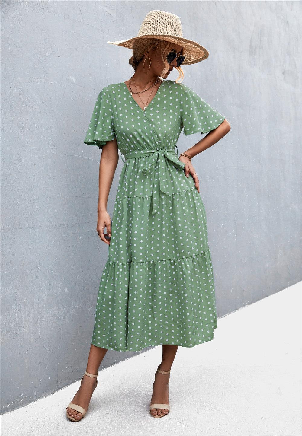 Women's V-neck Polka Dot Floral Tied Dress - Nioor