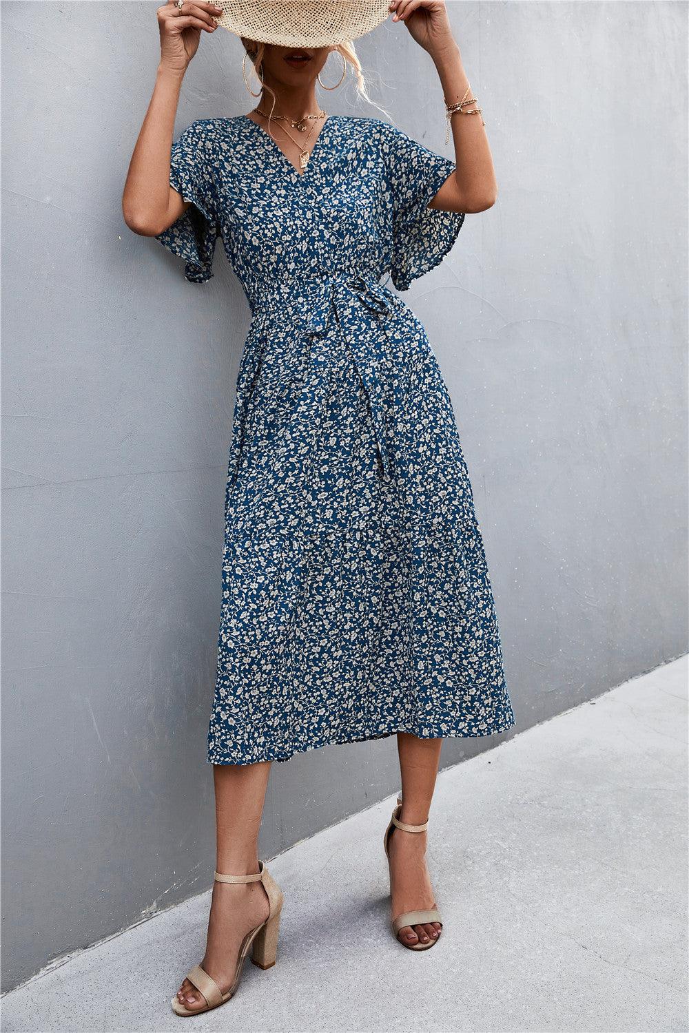 Women's V-neck Polka Dot Floral Tied Dress - Nioor