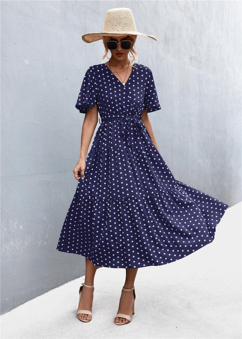 Women's V-neck Polka Dot Floral Tied Dress - Nioor