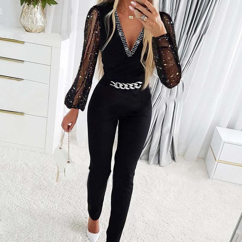 Women's V-neck Rhinestone Mesh Jumpsuit - Nioor