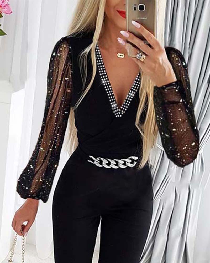 Women's V-neck Rhinestone Mesh Jumpsuit - Nioor