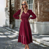 Women's V-neck Smocking Solid Color Dress - Nioor